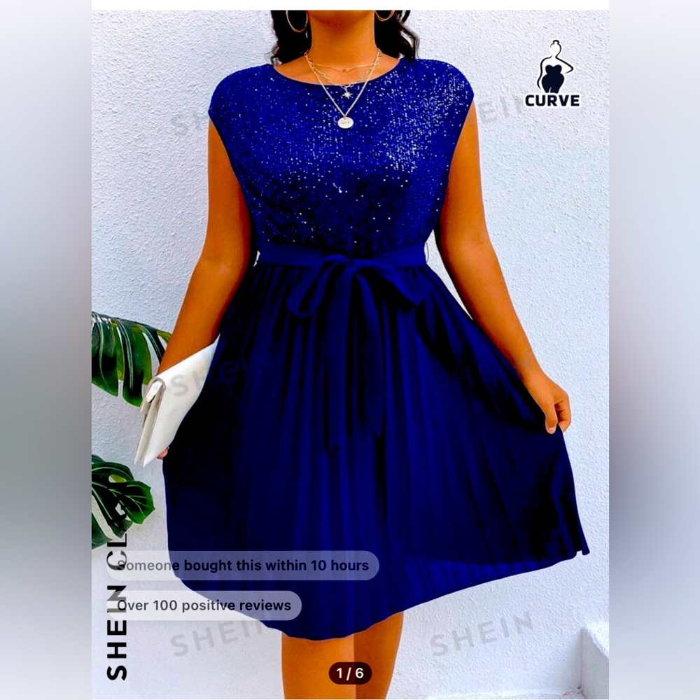 SHEIN Clasi Plus Contrast Sequin Pleated Hem Belted Dress